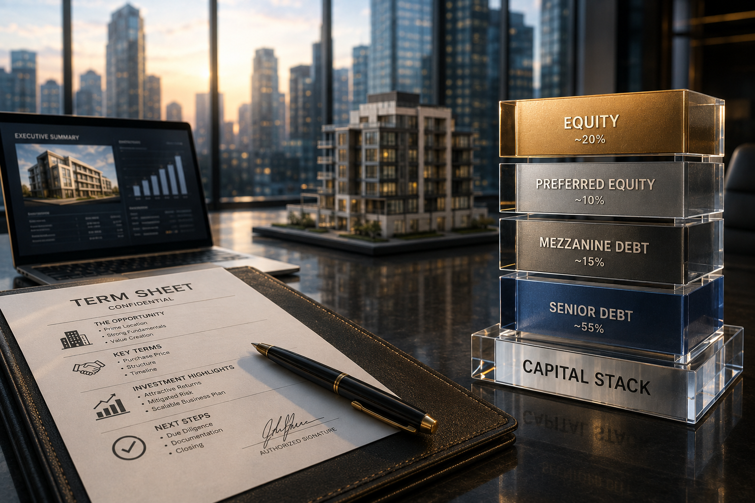 Commercial real estate term sheet beside a visual capital stack showing senior debt, mezzanine debt, preferred equity, and equity